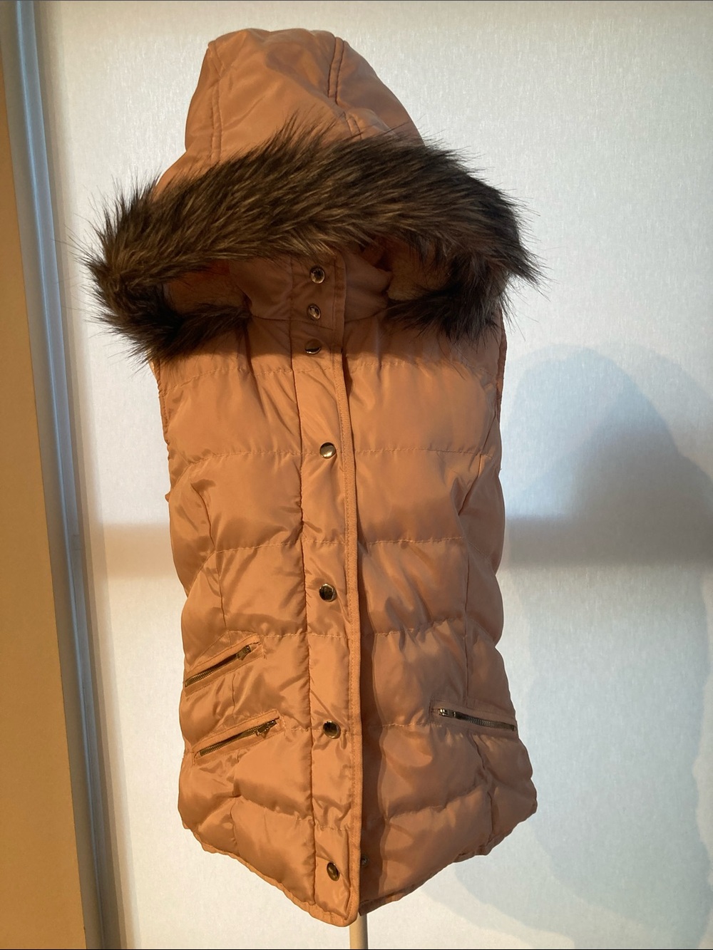 Hooded Quilted Puffer Vest with Faux-Fur Trim - Blush